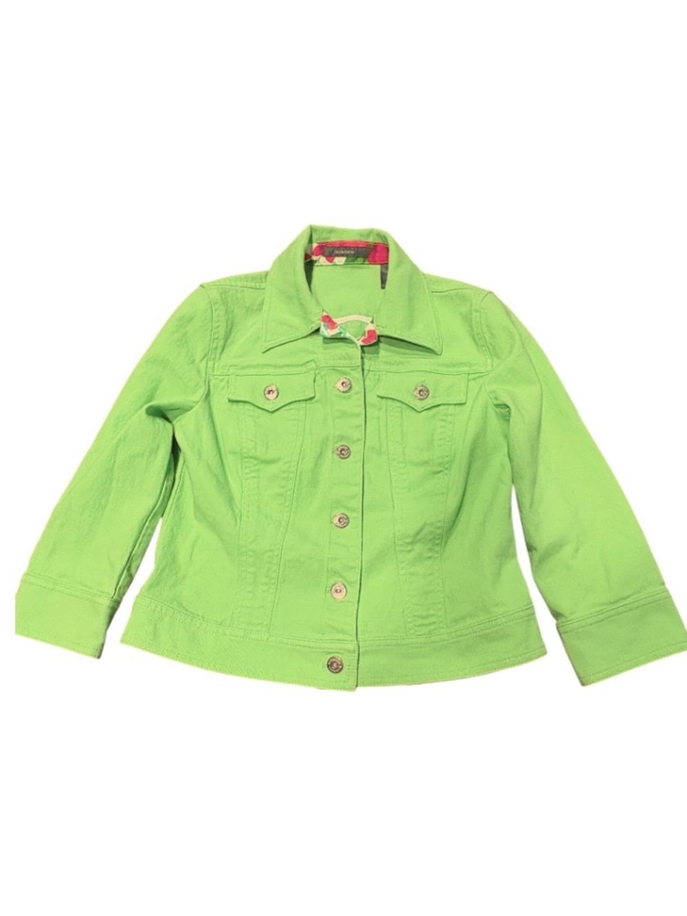 Liz Claiborne Lime Green Button Front Denim Style Jacket Floral Trim Size S